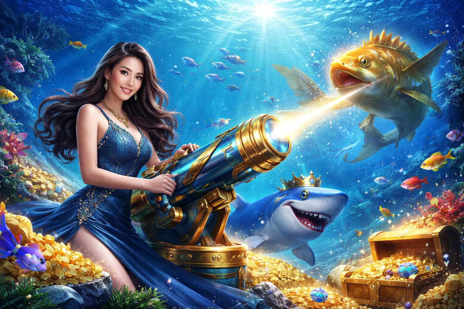 Hình ảnh trò chơi Bắn cá win365 với các loại cá đầy màu sắc và hiệu ứng đẹp mắt